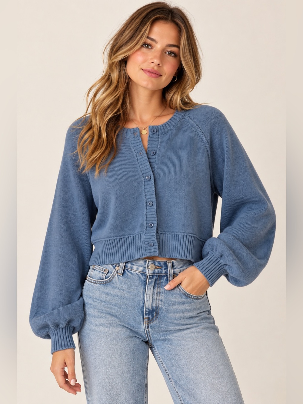 EDIKTED Sammi Blue Puff Sleeve Cotton Cropped Cardigan M
